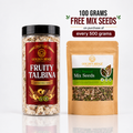 Golden Ridge Seeds Nutrition 'Fruity Talbina' premium chilli mix in a clear jar with a black lid, shown next to a brown stand-up pouch of 'Mix Seeds' with a promotional offer text overlay on a white background.